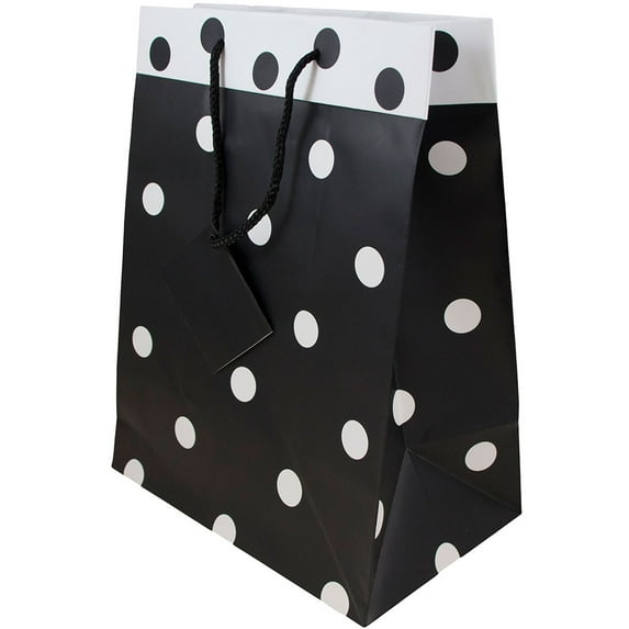 JAM Paper Matte Gift Bags, 10 x 13 x 6, 24/Pack, Black & White Polka Dot, Large