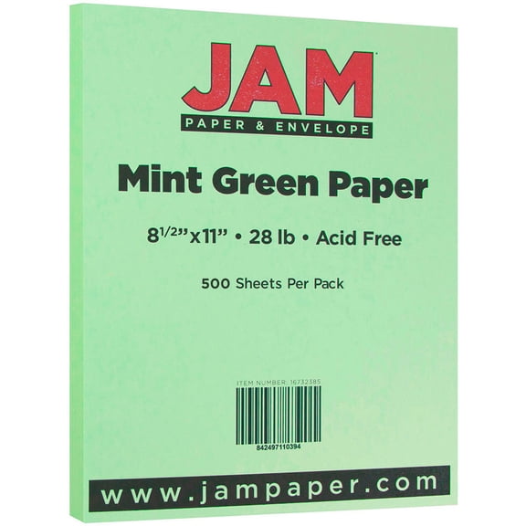 JAM Paper Matte Paper, 8.5 x 11, 28lb Mint Green, 500/Pack