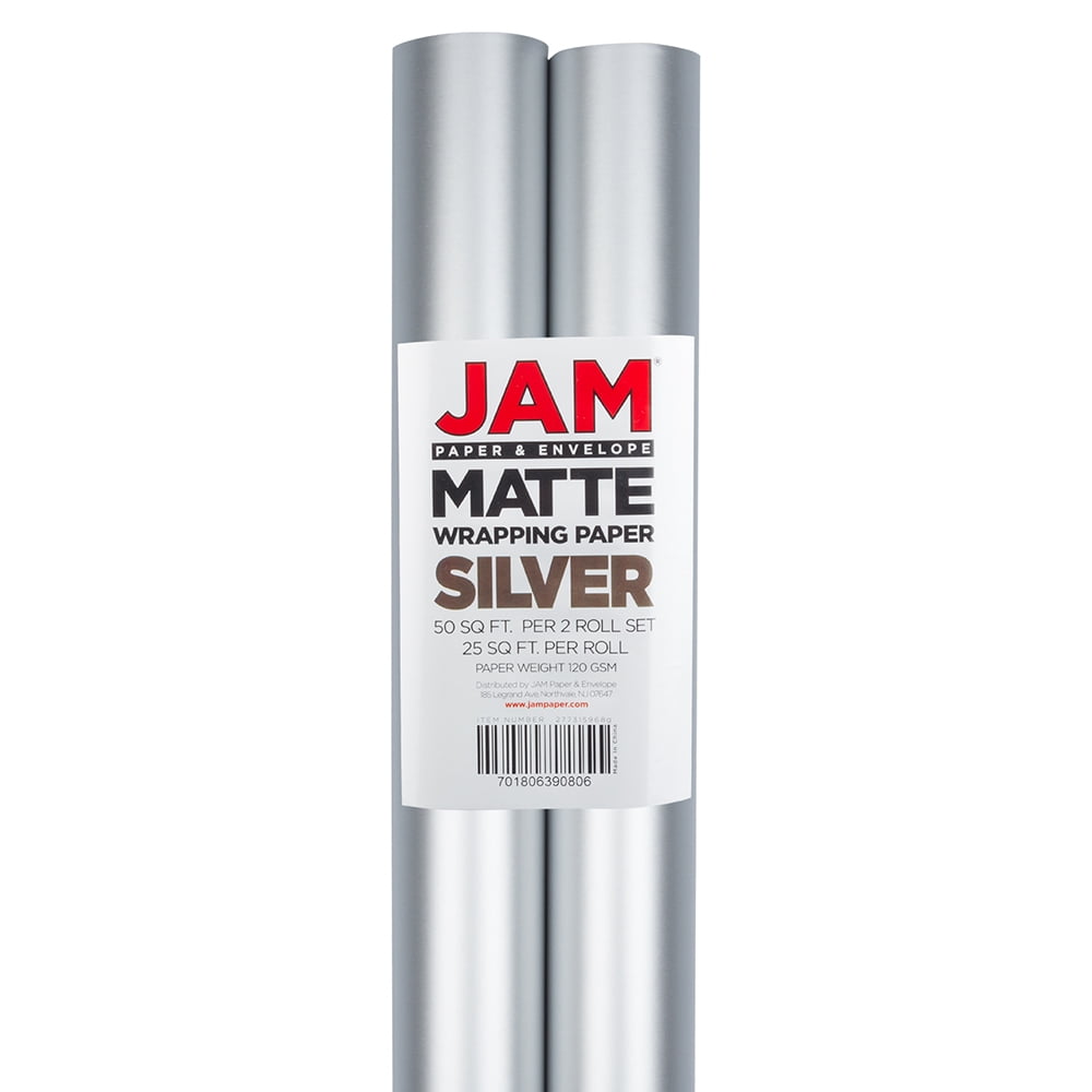 JAM Paper Matte Wrapping Paper, 50 Sq. ft Total, Silver Foil, 2 Rolls