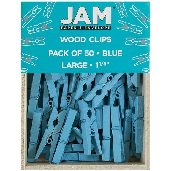 JAM Paper Medium 1.12 Inch Clips Wood Clothes Pins, Blue, 50/Pack