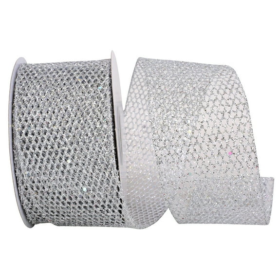 JAM Paper Mesh Christmas Silver Polyester Ribbon, 10yd x 2.5in, 1/Pack