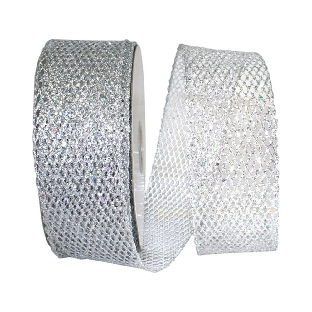JAM Paper Mesh Christmas Silver Polyester Ribbon, 25yd x 2.5in, 1/Pack