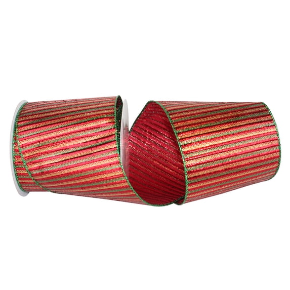 JAM Paper Metallic Stripe Christmas Ribbon, Red/green, 4in x 10 yd, 1/Pack