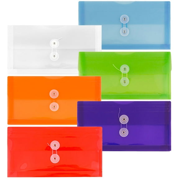 JAM Paper No. 10 Plastic Envelopes, 5 1/4 x 10, Assorted, Button String, Booklet, 6/Pack