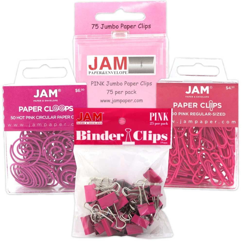 JAM Paper Office Clips, Pink, 4/Pack, Binder Clips & Paper Clips