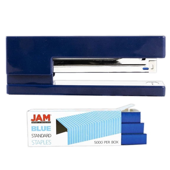 JAM Paper Office & Desk Set, 1 Navy Blue Stapler & 1 Blue Staples, 2 Pack