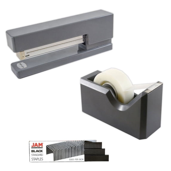 JAM Paper Office & Desk Set, 3/Pack, 1 Grey Stapler, 1 Black Staples & 1 Grey Tape Dispenser