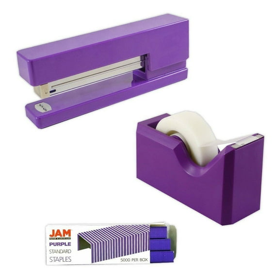 JAM Paper Office & Desk Set, Purple, 3/Pack, 1 Tape Dispenser, 1 Stapler & 1 Staples