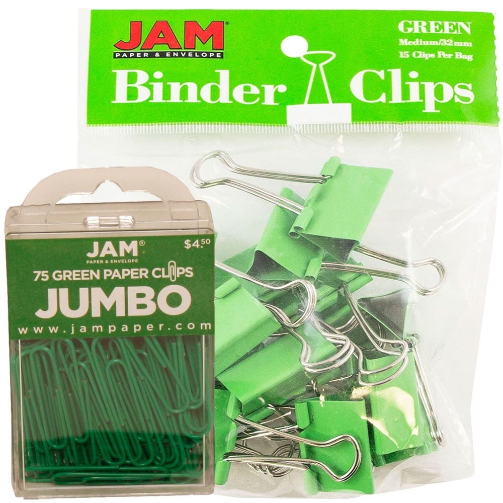 JAM PAPER & ENVELOPE JAM Paper Office Desk Supplies, Green, 2/Pack, 1 Jumbo Paper Clips & 1 Medium Binder Clips