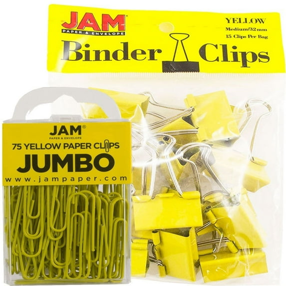 JAM Paper Office Desk Supplies, Yellow, 2/Pack, 1 Jumbo Paper Clips & 1 Medium Binder Clips