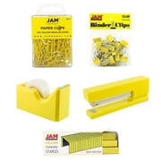 JAM Paper Office Set, Yellow, 5/Pack, Stapler, Tape Dispenser, Staples, Paper Clips & Binder Clips