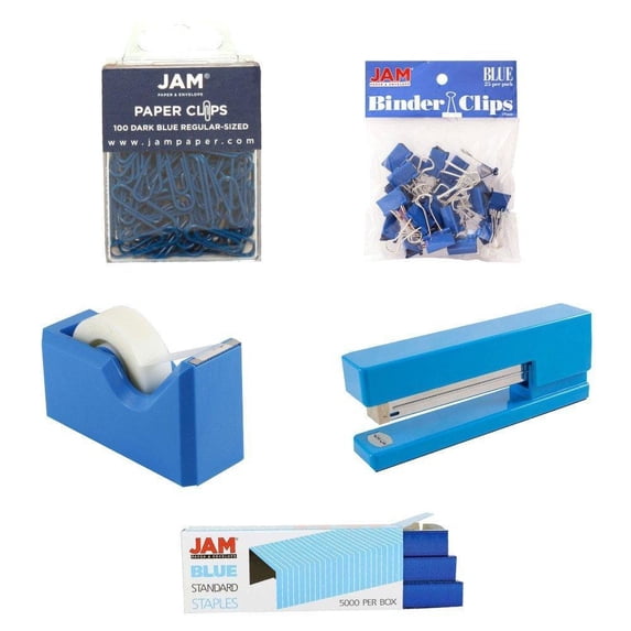 JAM Paper Office Starter Set, Blue, 5/Pack, Stapler, Tape Dispenser, Staples, Paper Clips & Binder Clips