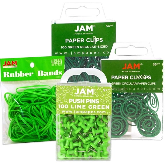 JAM Paper Office Supply Assortment, Green, 4/Pack, 1 Rubber Bands, 1 Push Pins, 1 Paper Clips & 1 Round Paper Clips