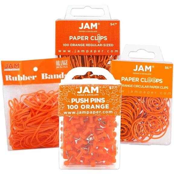 JAM Paper Office Supply Assortment, Orange, 4/Pack, 1 Rubber Bands, 1 Push Pins, 1 Paper Clips & 1 Round Paper Clips