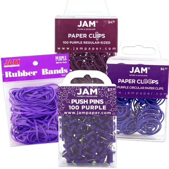 JAM Paper Office Supply Assortment, Purple, 4/Pack, 1 Rubber Bands, 1 Push Pins, 1 Paper Clips & 1 Round Paper Clips