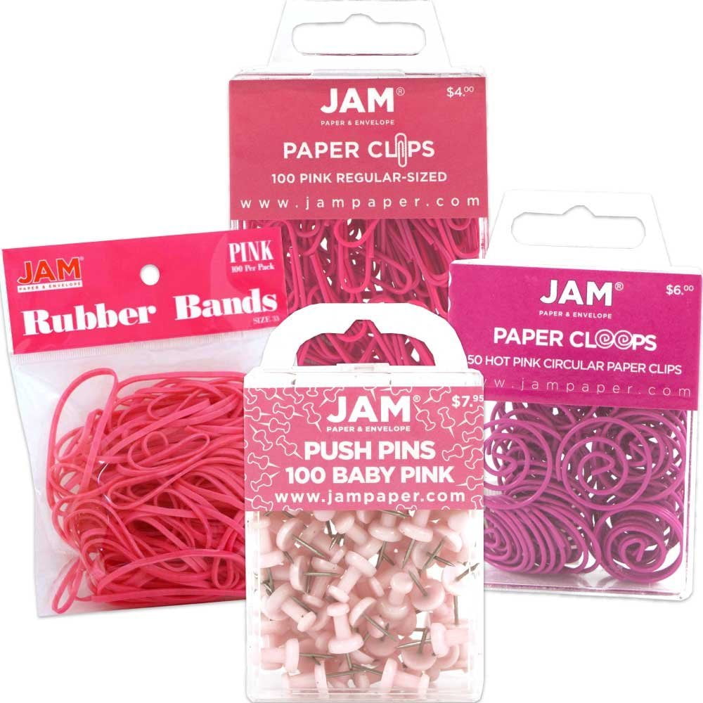 JAM Paper Office Supply Set, 1 Rubber Bands, 1 Push Pins, 1 Paper Clips & 1 Round Paper Clips, Pink, 4/Pack