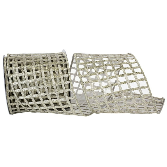 JAM Paper Open Mesh Deluxe Metallic Wired Edge Ribbon, Platinum Gold, 4in x 5yd, 1/Pack