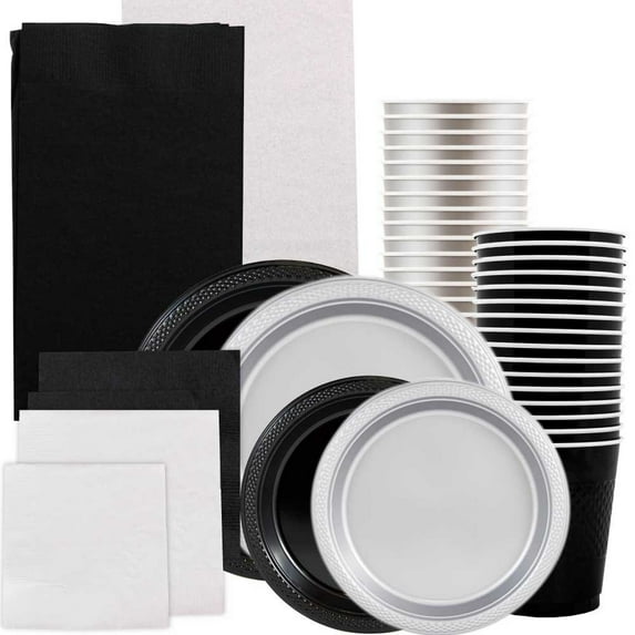 JAM Paper Party Supply Assortment, Black & Silver, 12/Pack, Plates (2 Sizes), Napkins (2 Sizes), Cups & Tablecloths