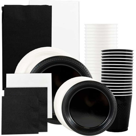 JAM Paper Party Supply Assortment, Black & White, 12/Pack, Plates (2 Sizes), Napkins (2 Sizes), Cups & Tablecloths