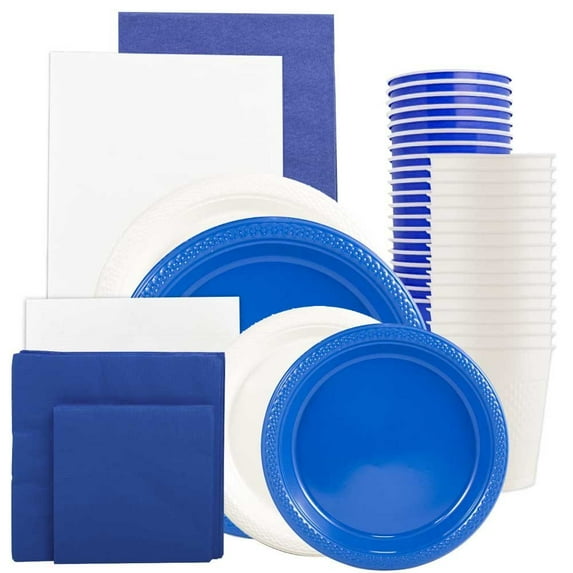 JAM Paper Party Supply Assortment, Blue & White, 12/Pack, Plates (2 Sizes), Napkins (2 Sizes), Cups & Tablecloths