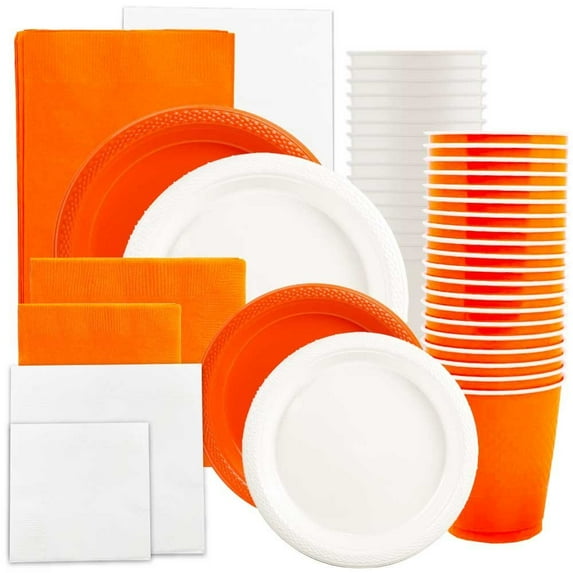 JAM Paper Party Supply Assortment, Orange & White, 12/Pack, Plates (2 Sizes), Napkins (2 Sizes), Cups & Tablecloths