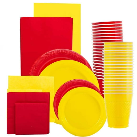 JAM Paper Party Supply Assortment, Red & Yellow, 12/Pack, Plates (2 Sizes), Napkins (2 Sizes), Cups & Tablecloths
