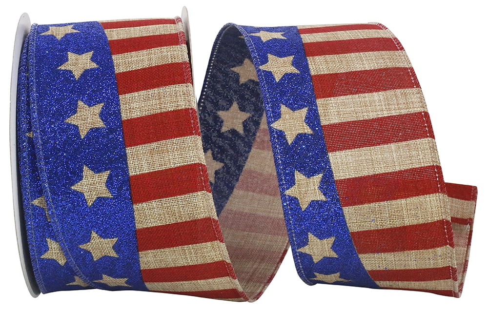 JAM Paper Patriotic Glitter Ribbon, Red/Natural/Blue, 2.5in x 10yd, 1/Pack