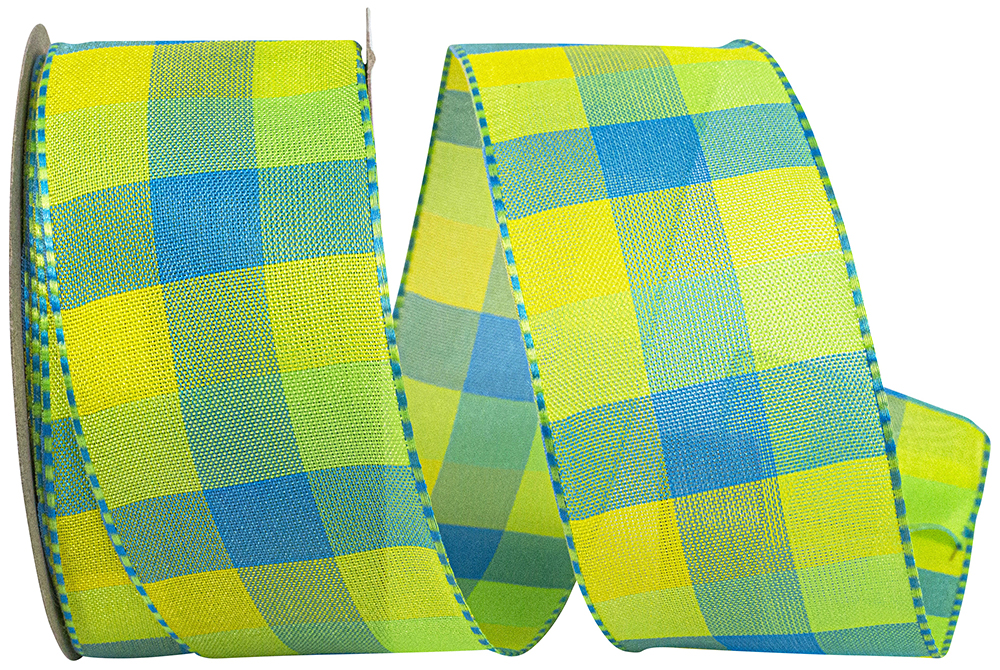 JAM Paper Plaid Bright 3 Value Wired Edge Ribbon, Blue & Green, 1.5in x 10yd, 1 per Pack