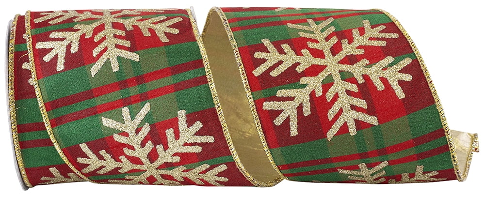 JAM Paper Plaid Christmas Snowflake Ribbon, Red & Green, 4in x 5yd, 1/Pack