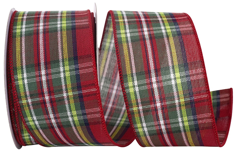 JAM Paper Plaid Classic Canvas Wired Edge Ribbon, Red, 2.5in x 10yd, 1 per Pack