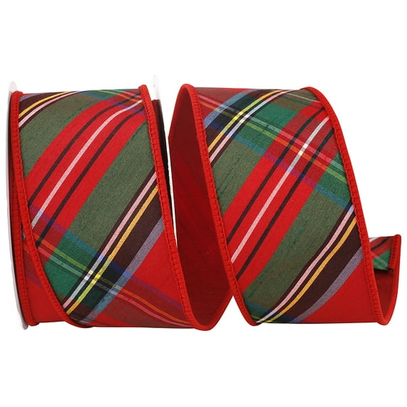 JAM Paper Plaid Dupioni Classic Diagonal Luxe Red Backed Wired Edge Ribbon, Red, 2.5in x 5yd, 1 per Pack