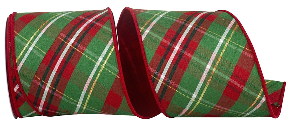 JAM Paper Plaid Dupioni Verde Diagonal Red Backed Wired Edge Ribbon, Red & Green, 4in x 10yd, 1 per Pack