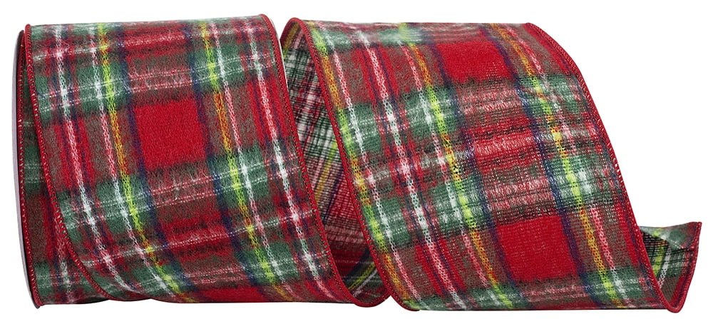 JAM Paper Plaid Tradition Flannel Wired Edge Ribbon, Red, 4in x 10yd, 1 per Pack