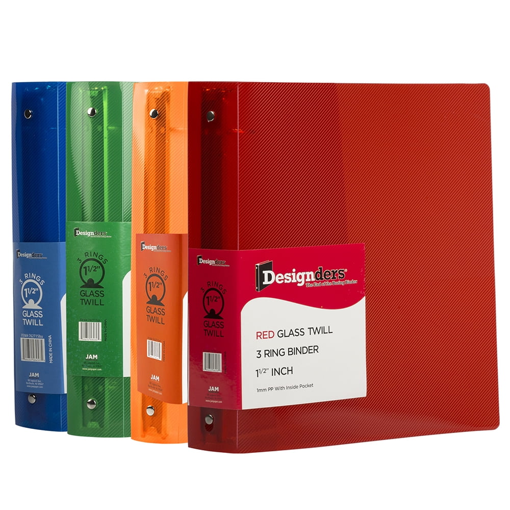 JAM Paper Plastic 1 1/2 in Binders, 3 Metal Rings, Assorted (Red, Blue, Green & Orange), 4/Pack