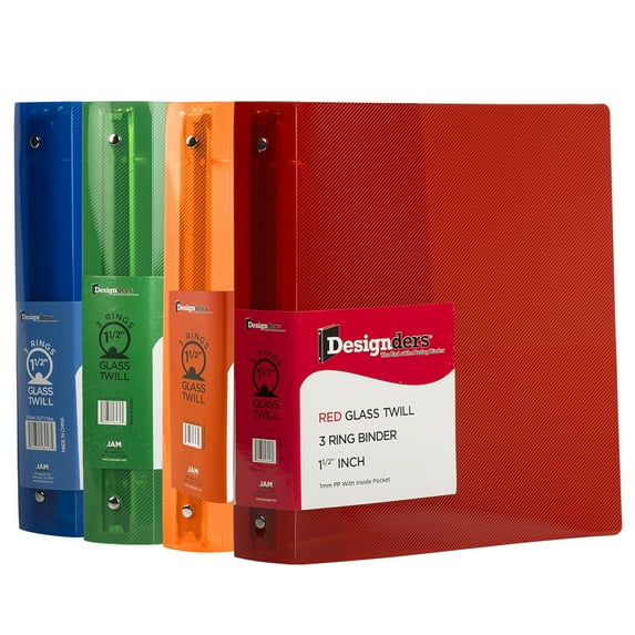 JAM Paper Plastic 1 1/2 in Binders, 3 Metal Rings, Assorted (Red, Blue, Green & Orange), 4/Pack