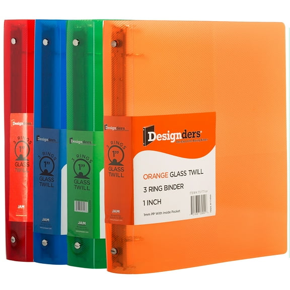JAM Paper Plastic 1 Inch Binders, 3 Ring Binders, Red, Blue, Green and Orange, 4 Per Pack