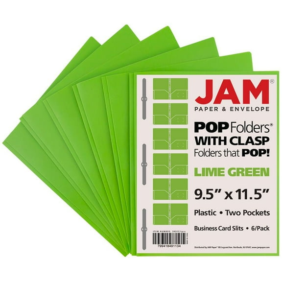 JAM Paper Plastic 2 Pocket POP Folders with Clasps, Lime Green, 6/Pack