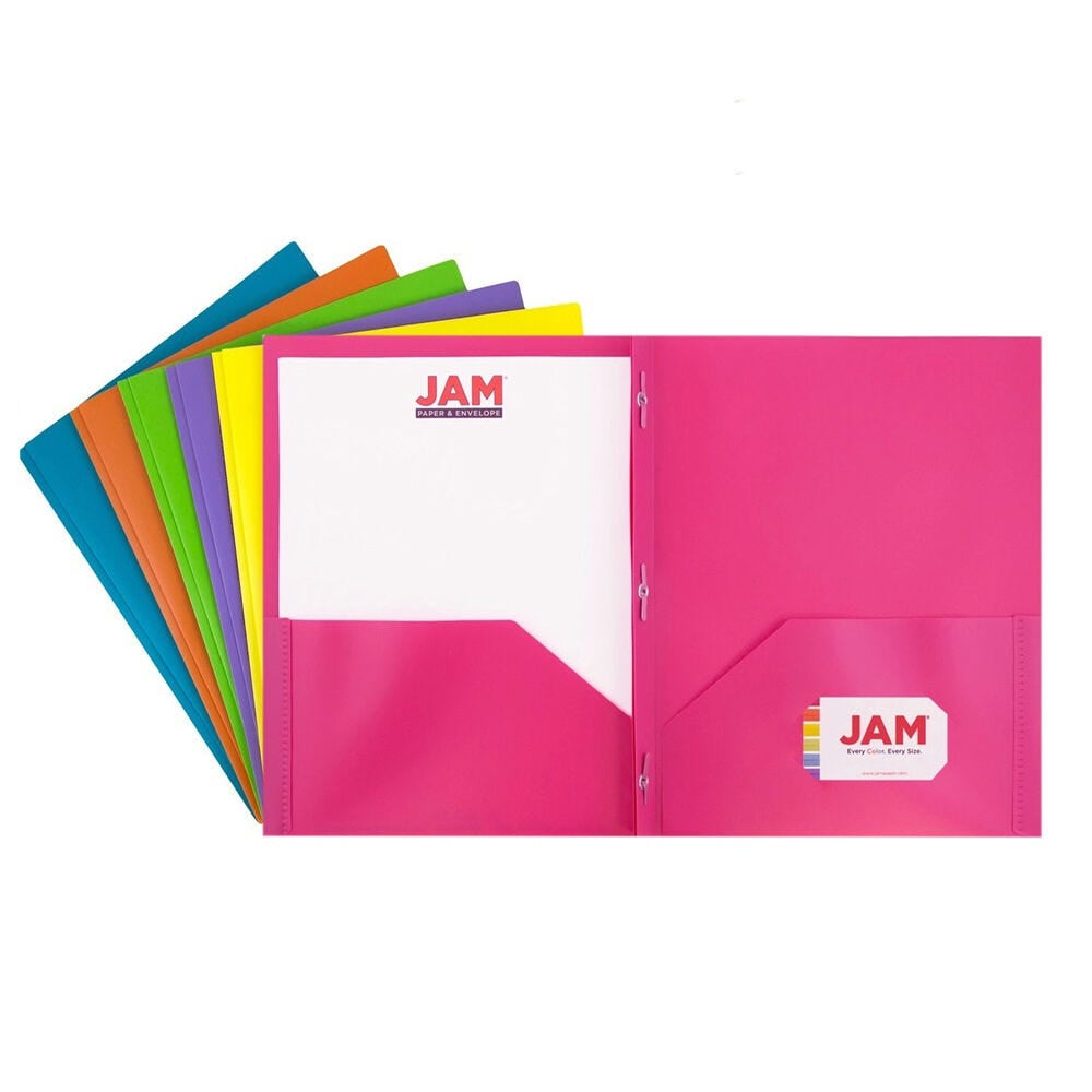 JAM Paper Plastic 2 Pocket POP Folders with Prongs Fastener Clasps, Assorted Fashion Colors, Bulk 48/Pack