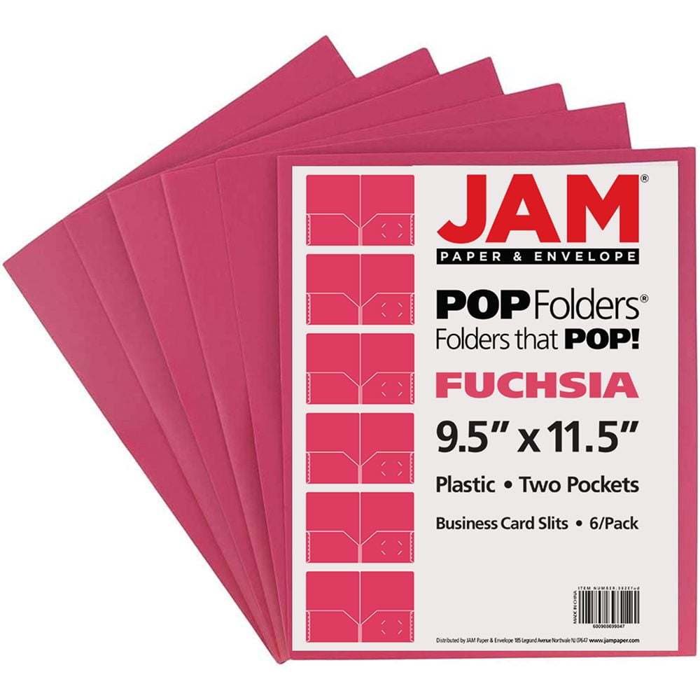 JAM Paper Plastic 2 Pocket School POP Folders, Fuchsia Hot Pink, 6 per Pack