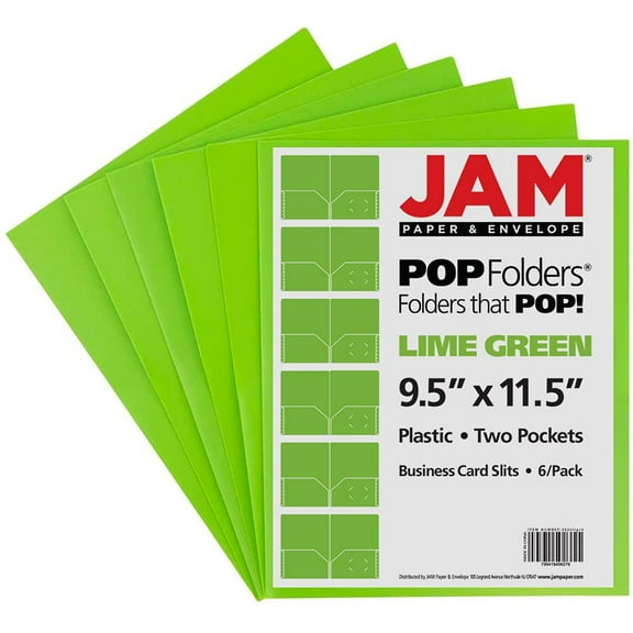 JAM Paper Plastic 2 Pocket School POP Folders, Lime Green, 6 per Pack