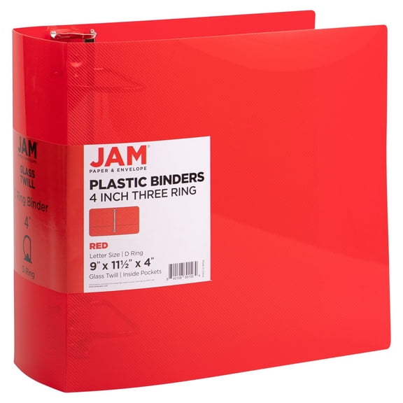 JAM Paper Plastic 4 inch Binder, 3 Metal Ring, Red, 1/Pack
