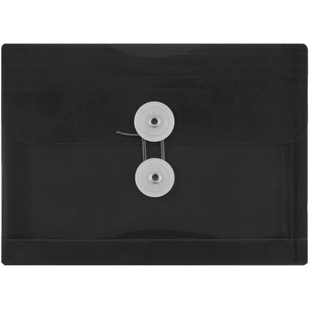JAM Paper Plastic Booklet Envelopes with Button & String Tie Closure, Index Size, 5 1/2 x 7 1/2, Black, 3/pack