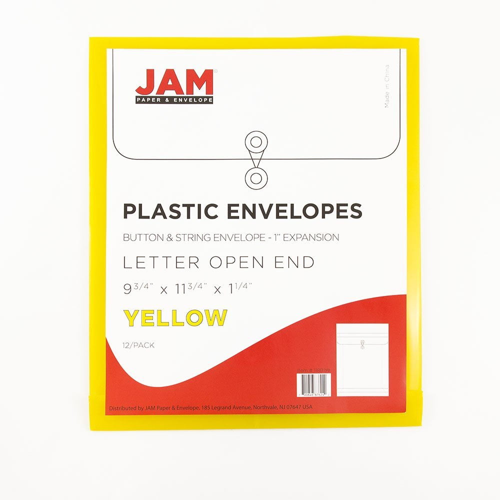 JAM Paper Plastic Envelope with Button & String Tie Closure, Open End,9 3/4 x 11 3/4, Yellow, 12/Pack