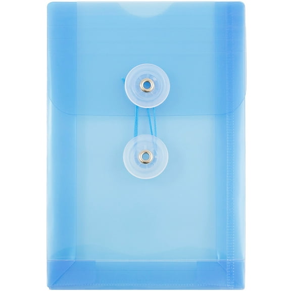 JAM Paper Plastic Envelopes, 4.3x6.3, Blue, Button String, Open End, 12/Pack