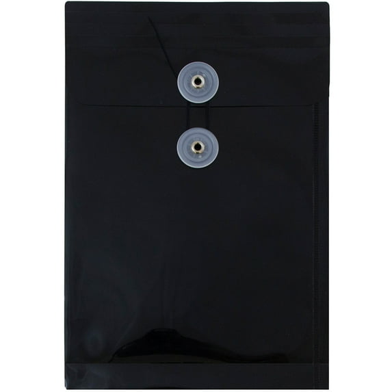 JAM Paper Plastic Envelopes, 6.3x9.3, Black, Button String, Open End, 12/Pack