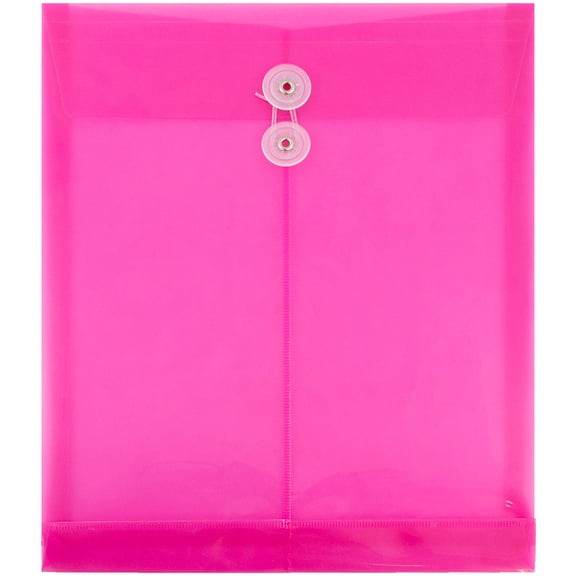 JAM Paper Plastic Envelopes, 9 3/4 x11 3/4, Fuchsia Pink, Button String, 12/Pack