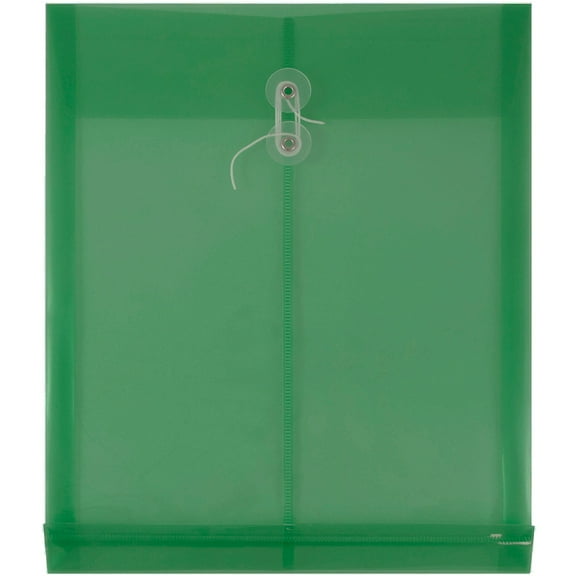 JAM Paper Plastic Envelopes, 9.8x11.8, Green, Button String, Letter Open End, 12/Pack