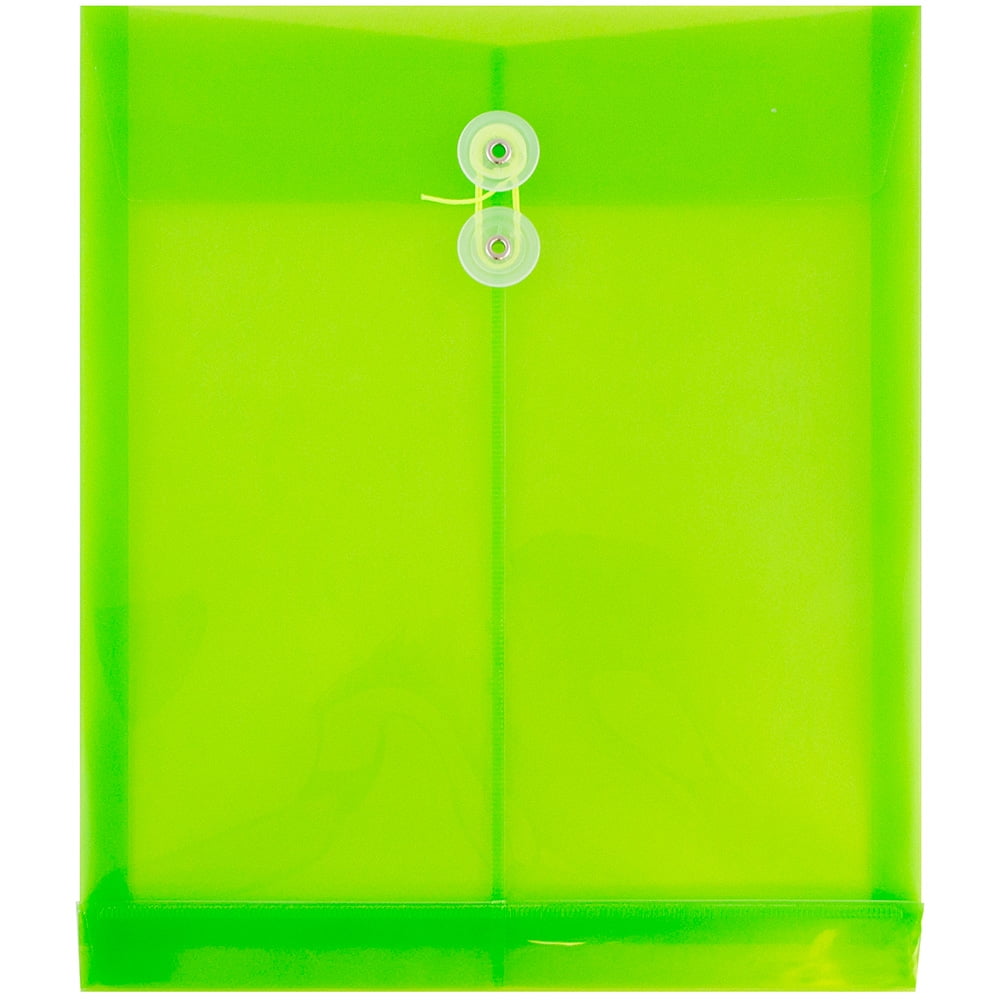 JAM Paper Plastic Envelopes, 9.8x11.8, Lime, Button String, Letter Open End, 12/Pack