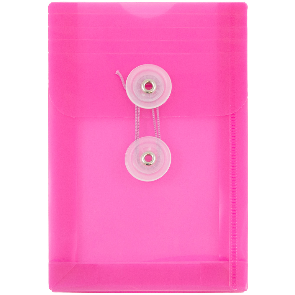 JAM Paper Plastic Envelopes with Button & String Tie Closure, 4 1/4 x 6 1/4, Fuchsia Pink, 3/Pack