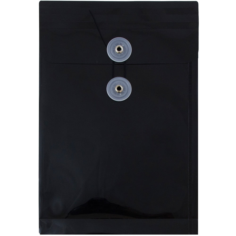 JAM Paper Plastic Envelopes with Button & String Tie Closure, 6 1/4 x 9 1/4, Black, 3/Pack